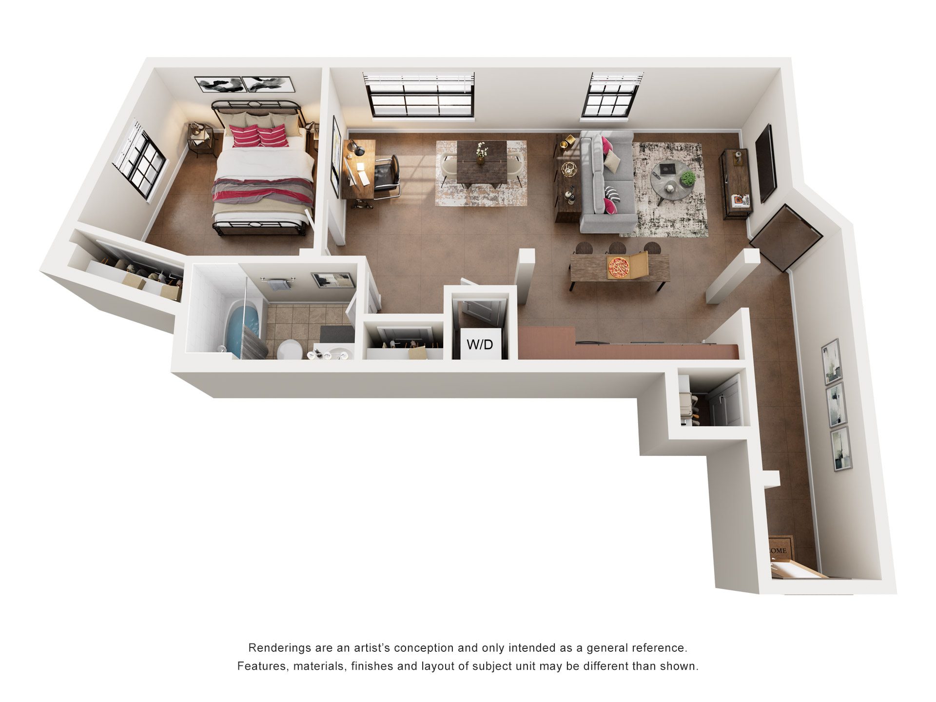 Floor plan for 1 bed, 1 bath, 782 sqft